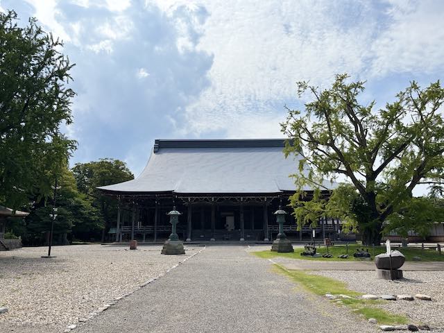 広い境内の向こうに建つ勝興寺本堂と大銀杏