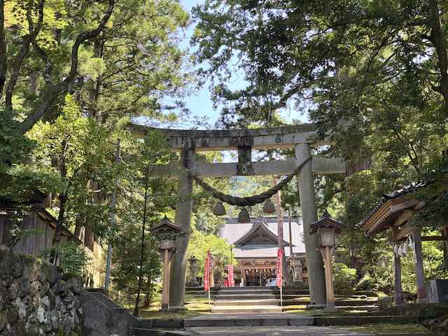 木々に囲まれた井波八幡宮の鳥居と境内