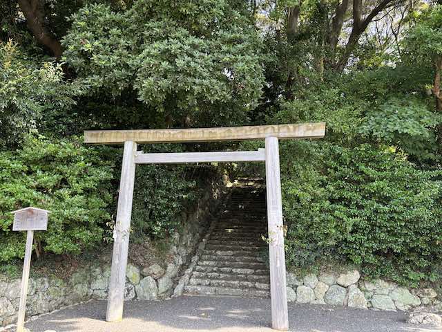 木々に囲まれた佐美長神社の鳥居と石段