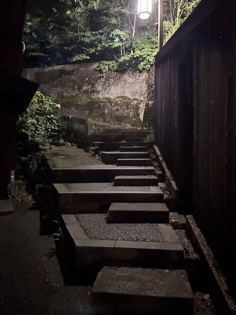 夜の灯りに照らされた主計町茶屋街の暗がり坂
