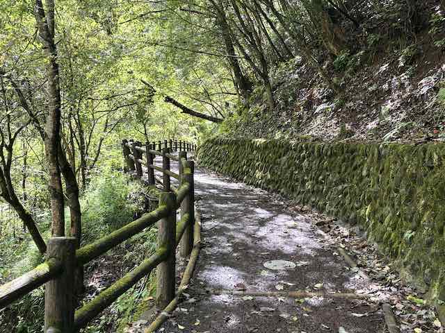払沢の滝へ続くウッドチップが敷かれた遊歩道