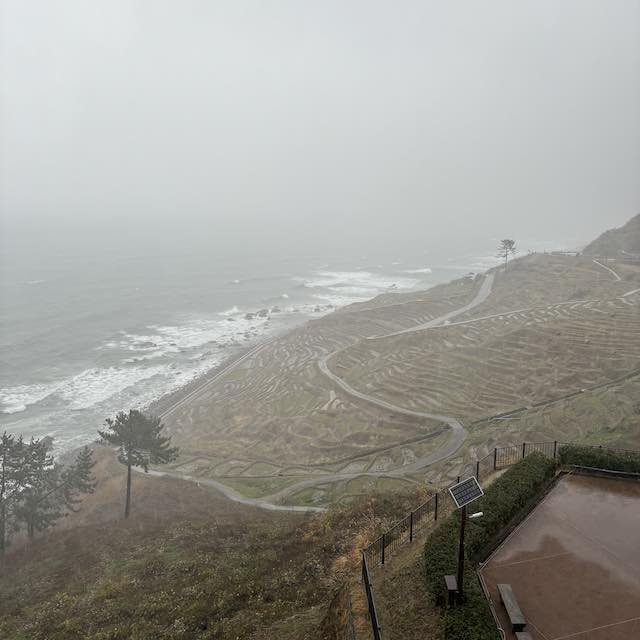 吹雪の中の白米千枚田 冬の日本海の風景