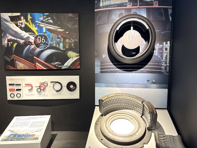 部材を組み合わせて生タイヤを作り金型で加熱するタイヤ製造工程の展示
