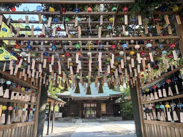 川越氷川神社の風鈴越しに見える拝殿