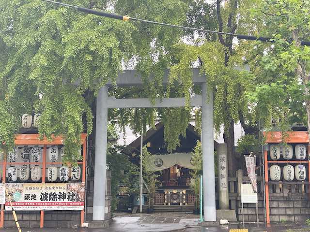枝垂れ銀杏の枝が覆いかぶさる築地・波除神社の鳥居