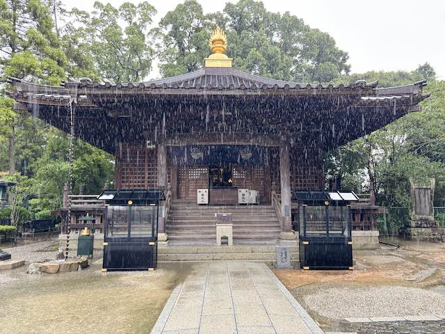 激しい雨が屋根から流れ落ちる金泉寺の大師堂